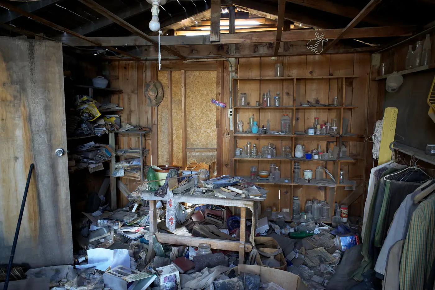 Cluttered wooden storage shed with shelves of old jars, piles of papers and stacked junk covering the floor